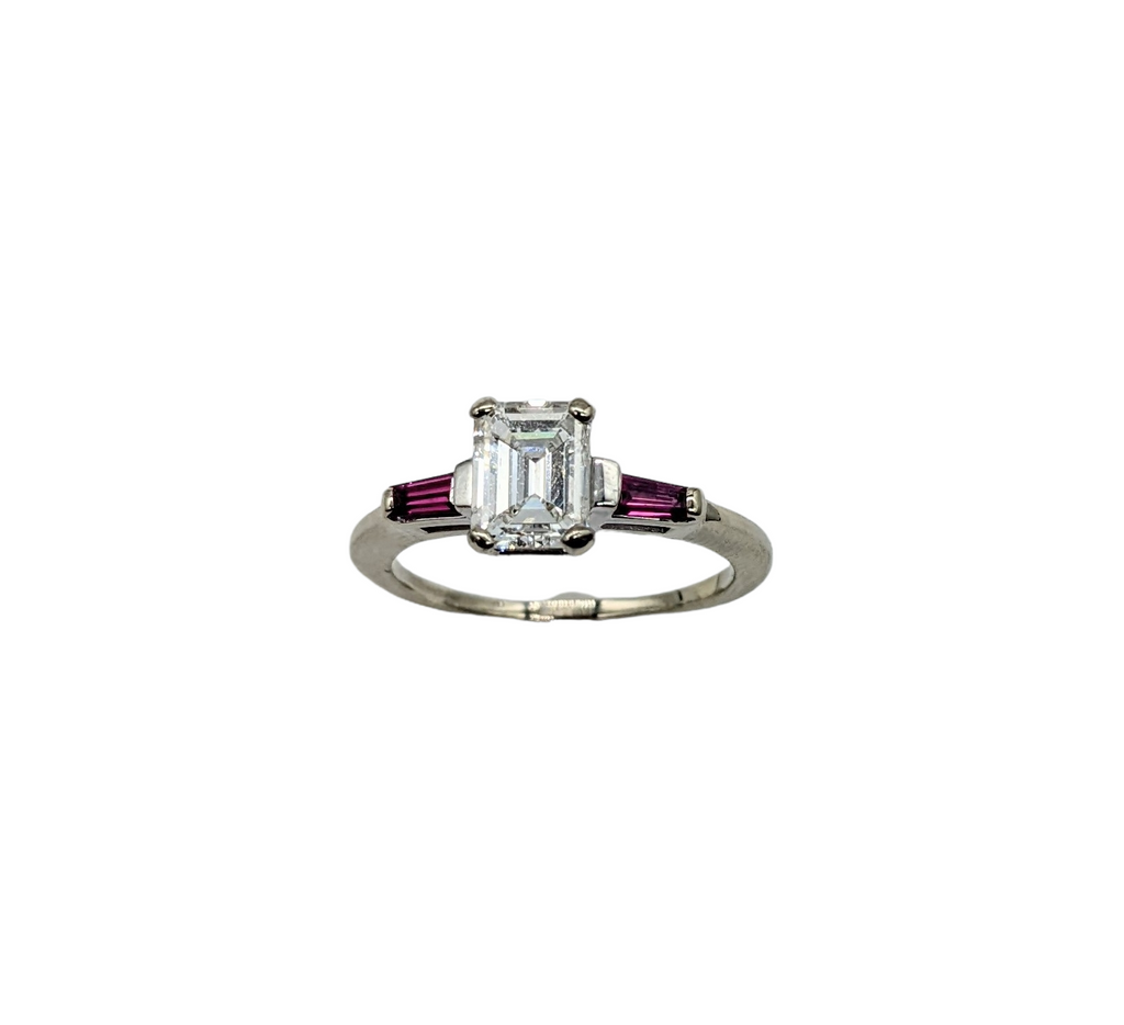1.01 Carat Total Weight Emerald Cut Diamond Ring with Ruby Side Accents - Dick's Pawn Superstore