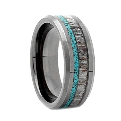 Comfort Fit 8mm Black High-Tech Ceramic Beveled Edge Wedding Ring With a Genuine Antler and Turquoise Inlay - Dick's Pawn Superstore
